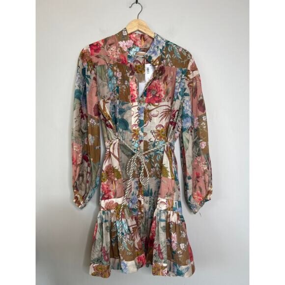 NWT Zimmermann Cassia Drop Waist Patchwork Floral Mini Dress Multi Color Size: 8 - Picture 8 of 9